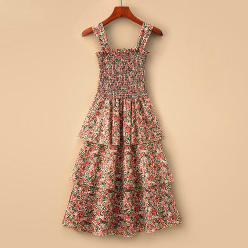 Cascading Ruffle Dress Women Vintage Floral Spaghetti Strap Summer Chiffon Dress Party Ladies