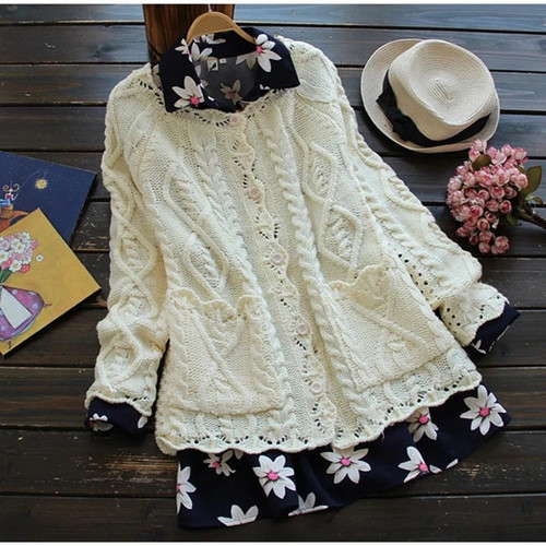 Spring Autumn Girl Style Women Cardigan Solid Twist Out Crochet Cotton Knitted Sweater Girl Coat