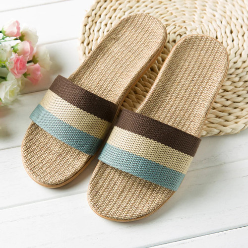Summer Outdoor Hemp Slippers Women House Bedroom Floor Slippers Breathable Slippers Women Non-slip Stripe Beach Flat Shoes