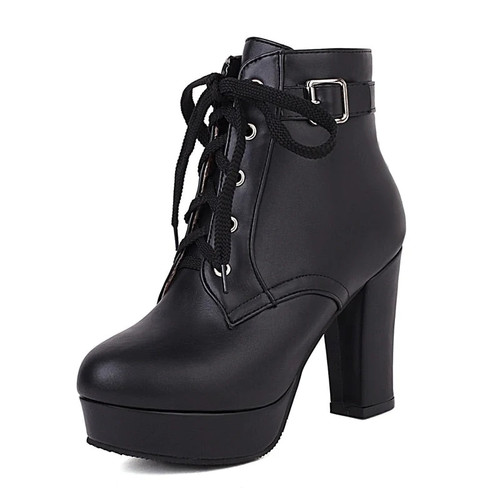 Ankle Boots Lace Up Ankle Belt Buckle Decoration Platform Heel Office Shoes Female Boots Women Fall
