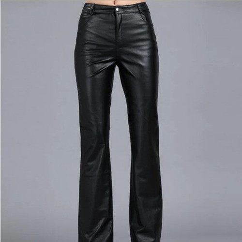 Ladies Bell-bottom Sheepskin Women Genuine Leather Pants Zipper Fly Mid Waist Slim Hip Casual Women Pants Women Flare Trousers