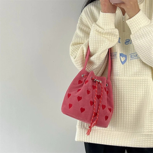 Pink Heart Embroidered Ladies Bucket Purse Handbags Love Women Messenger Bag Drawstring Female Girls Small Shoulder Bags