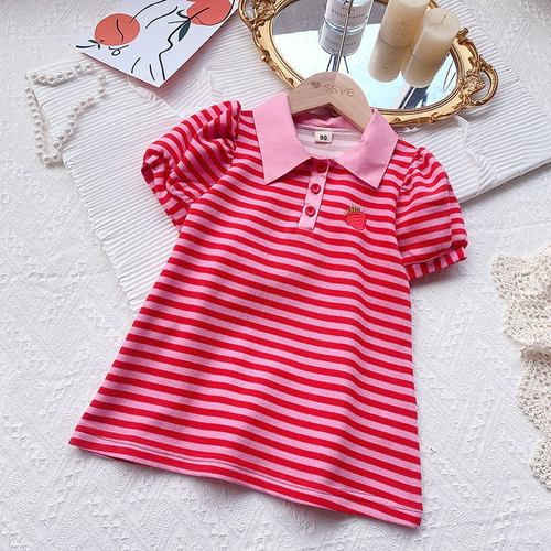 Summer Girls Cute Embroidery Stripe Short Sleeve Dress