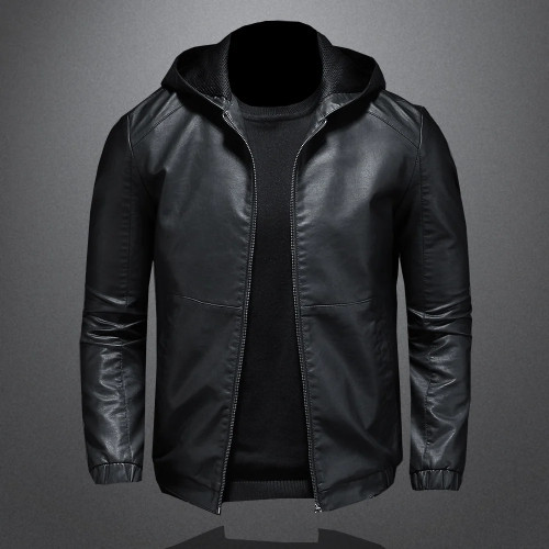 Hood Black Mens Leather Jacket Spring Autumn Long Sleeve Slim Fit Solid Color Faux Leather Zipper Male Coats