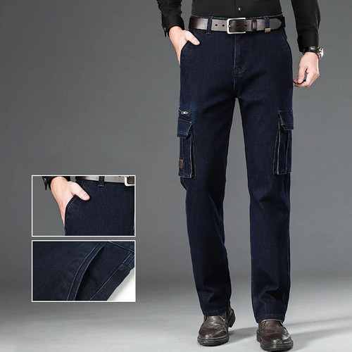 Autumn Winter Men Jeans Thicken Multi-Pocket Straight Loose Outdoor Cargo Stretch Mid-Rise Washing Denim Trousers