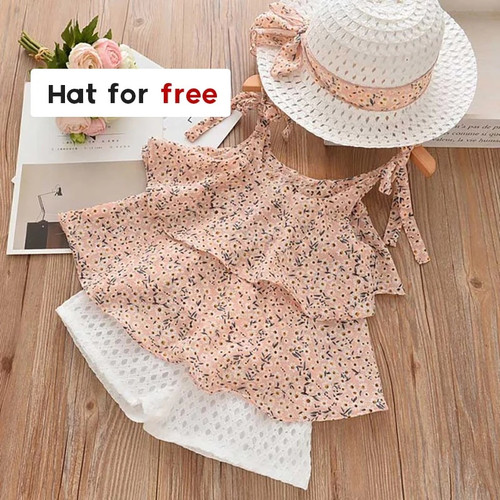 Summer Brand New Girls Sets Cute Bow-knot Sling T-shirt Cherry Print Pattern with Casual Shorts Suit for Kids