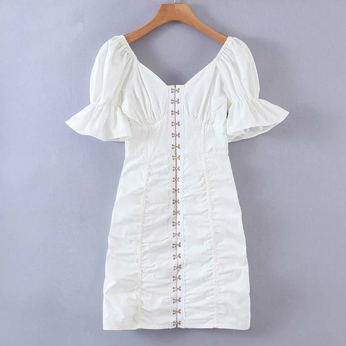 Women Sexy White Dress Romantic V Neck Puff Sleeve Ruched Bodycon Mini Dress Summer Party