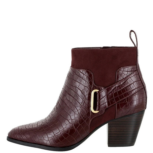 Burgundy Plaid Woman Ankle Boots High Chunky Heels Pointed Toe Buckle Booties Zipper Ladies Mature Shoes