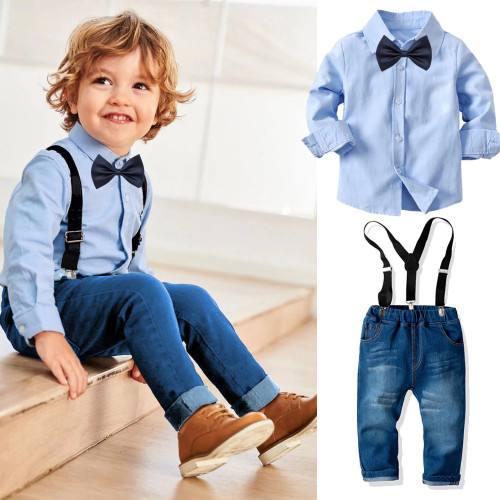 Kids Autumn Clothes Blue Shirt BowTie Soft Jeans Pants Boys Clothes Boy Baby Boys Clothing for 3 to 4 Years Old Toddler Suit Set