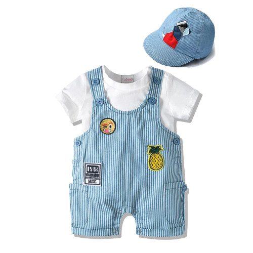 Boy Bodysuit Set Baby Boys Outfits Clothes Set Hat + Overall + Strap Blue Jumpsuit Costume Cotton Summer