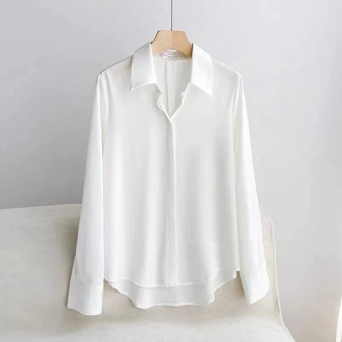 Autumn Turn Down Collar Silk Shirts Satin White Blouse Women Long Sleeve Tops Office Loose Casual Lady