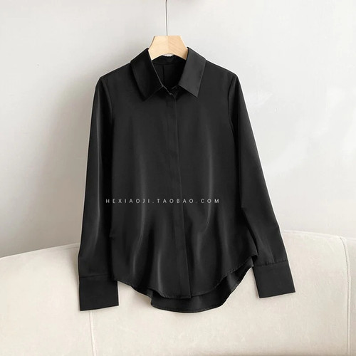 Autumn Turn Down Collar Silk Shirts Satin White Blouse Women Long Sleeve Tops Office Loose Casual Lady