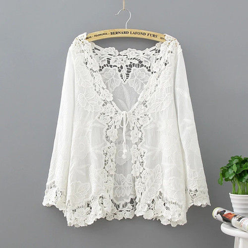 White Lace Blouse Kimono Summer Casual Loose Woman Shirt Full Sleeve Kimono Cardigan Blouses Women Tops