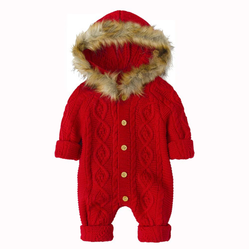 Autumn Winter Baby Kids Hooded Knitted Jumpsuit With Fake Fur Collar Newborn Toddler Boys Girls Rompers Infant Christmas Clothes