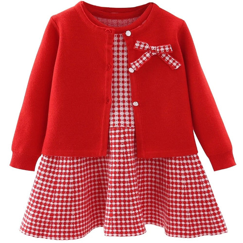 Autumn Childrens Baby Sweater Knitting Long Sleeve Dress Christmas Day Party Girls Plaid Sweater Coat Plaid Vest Suit Dress