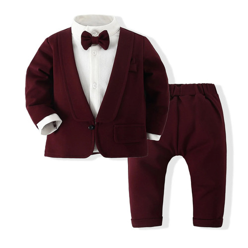 Baby 1st Birthday Clothes Gentleman Autumn Outfits 1 2 3 Years Boys Party Suit Solid Pants Fake 2PCS Set Toddler Wedding Costume