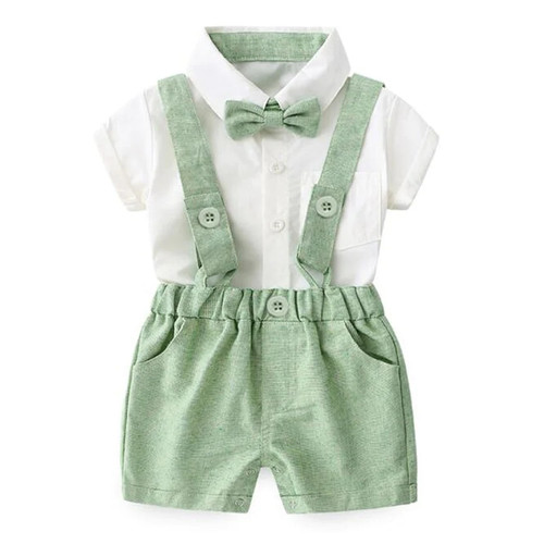 Toddler Boys Gentleman 3 PCS Birthday Boutique Set Solid T-shirt Overalls Bow Infant Formal Summer Cotton Clothes Baby Costume