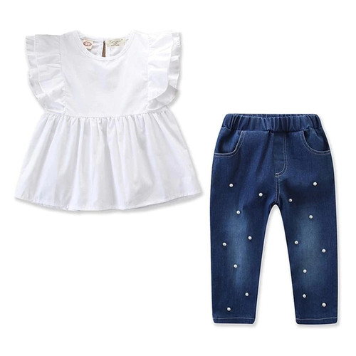 Kids Baby Girl Clothes Sets Summer Flying Sleeve Blouse Pearl  Tops + Jeans 2Pcs Suits Children Clothing Outfits