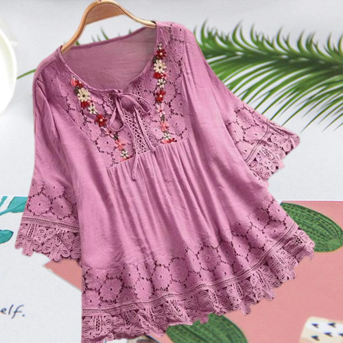 Women Lace Crochet Blouse Elegant Embroidery Tops Hollow Lace Up Shirts Female Hollow Chemise