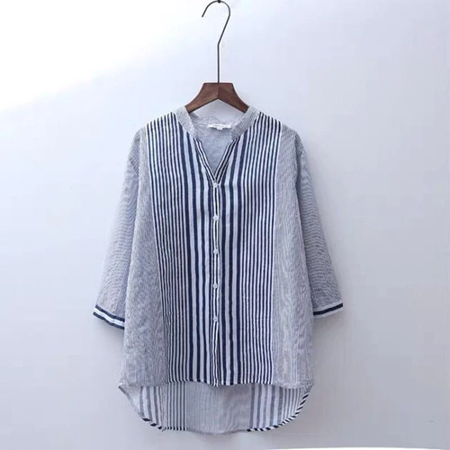 Summer New Arts Style Women 3/4 Sleeve V-neck Casual Blouses Cotton Linen Striped Vintage Shirts Femme Loose Tops