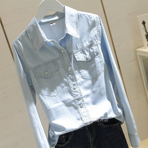 New Spring Autumn Women Long Sleeve Turn-down Collar Denim Shirts Double Pocket All-matched Casual Blouse Top quality