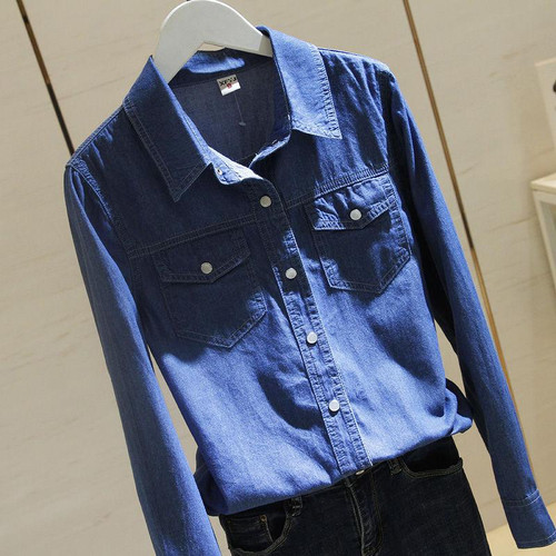 New Spring Autumn Women Long Sleeve Turn-down Collar Denim Shirts Double Pocket All-matched Casual Blouse Top quality