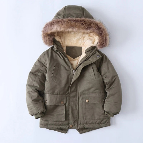 Winter Boys Jacket Fur Collar Plus Velvet Thickening Hooded Cotton Coat For Kids 1-13 Years Keep Warm Clothing