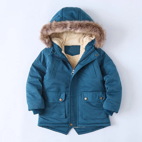 Winter Boys Jacket Fur Collar Plus Velvet Thickening Hooded Cotton Coat For Kids 1-13 Years Keep Warm Clothing