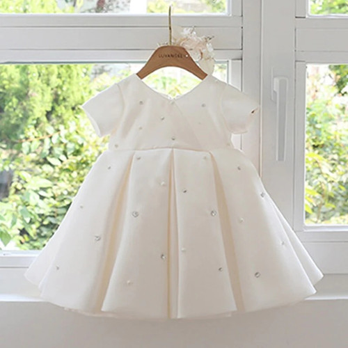 Children V-neck beaded dress christening dress back bow cute princess dress wedding flower girl dress