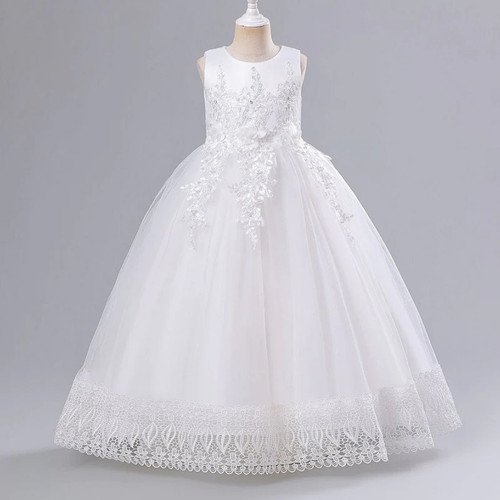 Childrens embroidered bow tulle long dress girls flower sequins sleeveless embroidered communion party dress