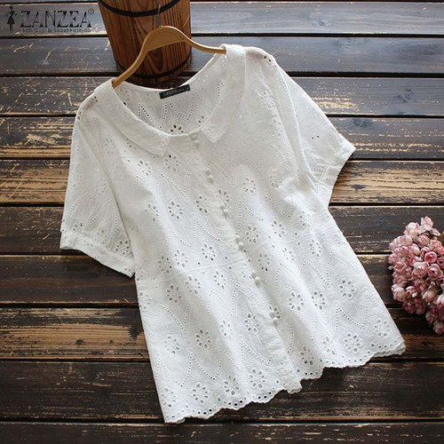 Vintage Women Lace Crochet Blouse Summer Short Sleeve Hollow Out Tunic Tops Solid Embroidery Shirt Casual