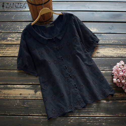 Vintage Women Lace Crochet Blouse Summer Short Sleeve Hollow Out Tunic Tops Solid Embroidery Shirt Casual