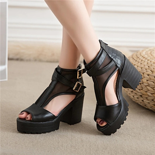 Womens Platform Sandals Open Toe Block High Heel Casual Ladys Ankle Strap Mesh Gladiator Sandal Shoes