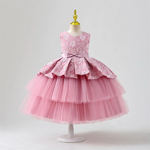 Girl birthday dress Princess Tulle Jacquard Pleat Party Multifoliate flower childrens clothing