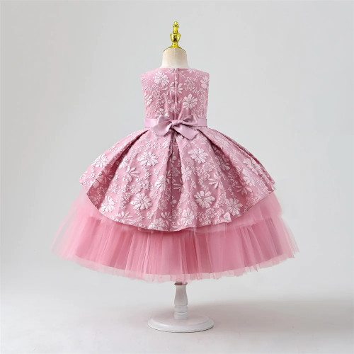 Girl birthday dress Princess Tulle Jacquard Pleat Party Multifoliate flower childrens clothing