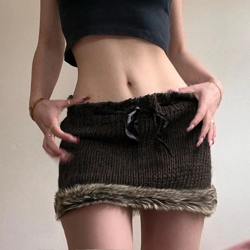 Autumn Winter Elegant Knitted Skirt Women Vintage Drawstring Furry Hem Skirts