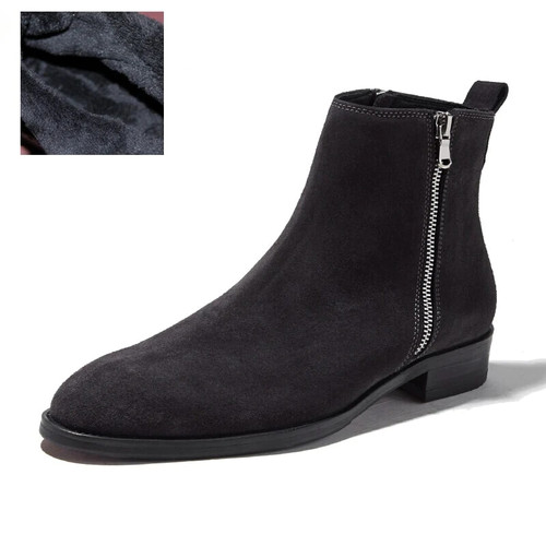 Warm Fur Winter Ankle Boots Men Zip Cow Suede Leather Pointed Toe Chelsea Style Man Formal Dress Shoes