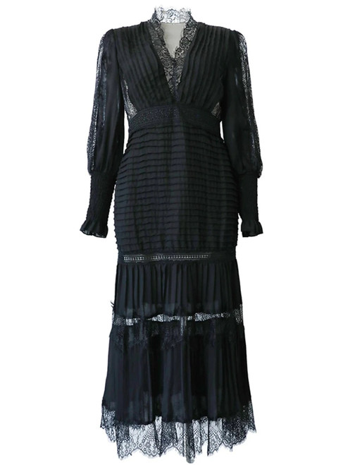 V-neck Lantern Sleeve Lace Stitching Midi Dress Female Clothing Slim Party Dresses For Women Elegant Summer