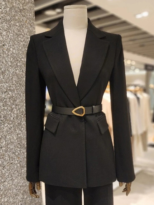 Vintage Blazers Coat Notched Long Sleeve Belt Slim Elegant Women Outwear Clothing Spring