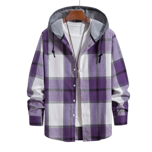 Shirt for Men Regular Hooded Long Sleeve Plaid Button Down Shirt Long Sleeve Casual  Jacket Shirt Chemise Homme