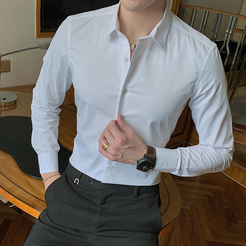 Long Sleeve Shirt Solid Regular Fit Male Social Casual Business White Black Dress Shirts