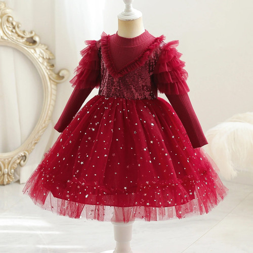 Christmas Red Party Girl's Long Sleeve Ceremonial Dress For Elegant Sequined Princess Ball Gown Birthday Knee-Length Dresses