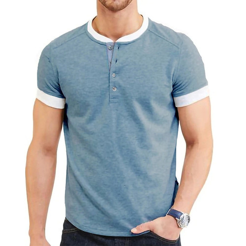 Summer T Shirt Men Cotton Short Sleeve Henry Collar Tshirts Mens Patchwork Slim Tops Tees Casual T-shirt For Man US Size