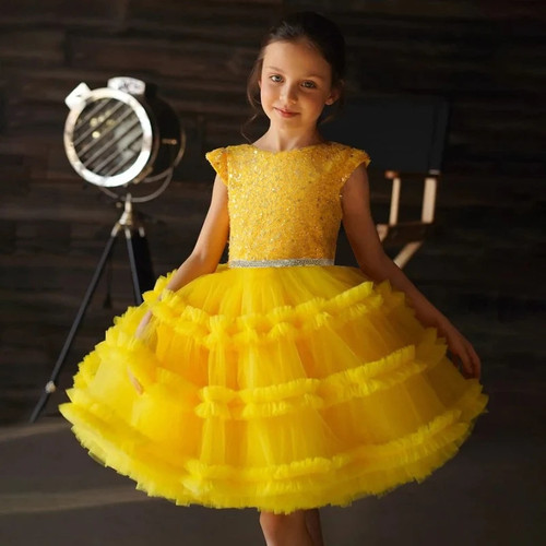 Elegant Princess Birthday Yellow Clothes Tulle Sequined Layered Dress Girls Dresses For Party And Wedding