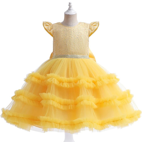 Elegant Princess Birthday Yellow Clothes Tulle Sequined Layered Dress Girls Dresses For Party And Wedding