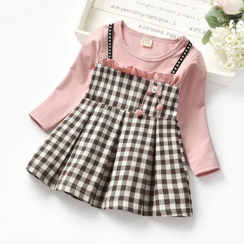 Spring And Autumn Girls Rivet Sling Plaid Long-Sleeved Dress Girls Fake Two-Piece Lace Princess Dress Casual Comfortable Dress