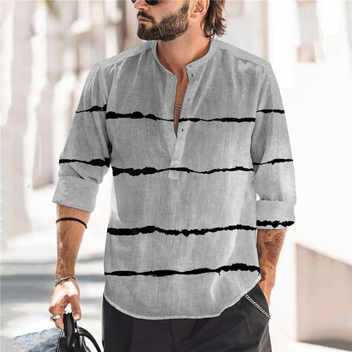 Summer T-shirt Top Mens Casual Loose Striped Single-Breasted T-shirt Men Long Sleeve Stand Collar Pullover T-shirt