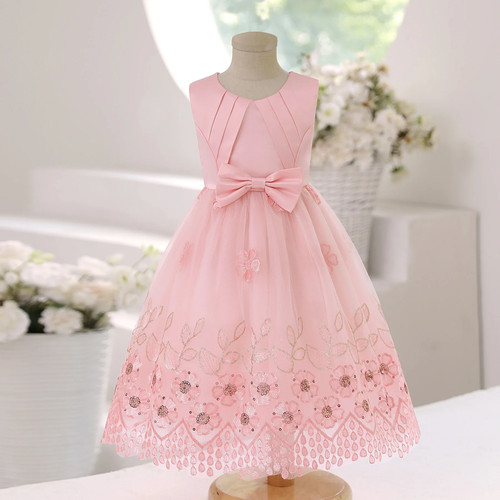 Elegant Floral Childrens Tulle Princess Dress Girls Red Bow Sleeveless Bridesmaid Ball Gown Christmas Costume