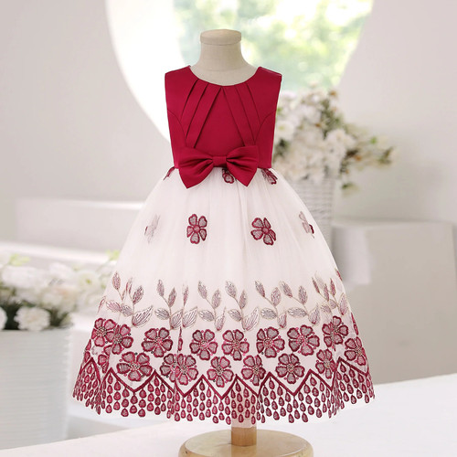 Elegant Floral Childrens Tulle Princess Dress Girls Red Bow Sleeveless Bridesmaid Ball Gown Christmas Costume