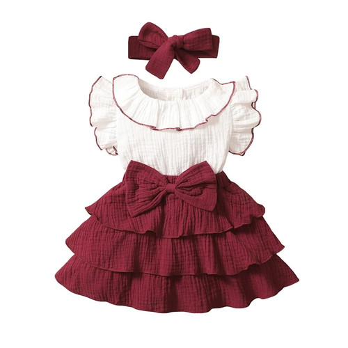 Kids Girls Sweet Dress Baby Summer Clothing Toddler Fly Sleeve Ruffle Layered Cake Dress with Headband Princess Outfits
